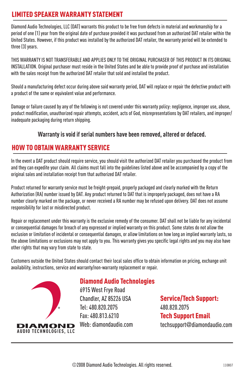 Limited speaker warranty statement, How to obtain warranty service, Diamond audio technologies | Service/tech support, Tech support email | Diamond HP15 User Manual | Page 8 / 8