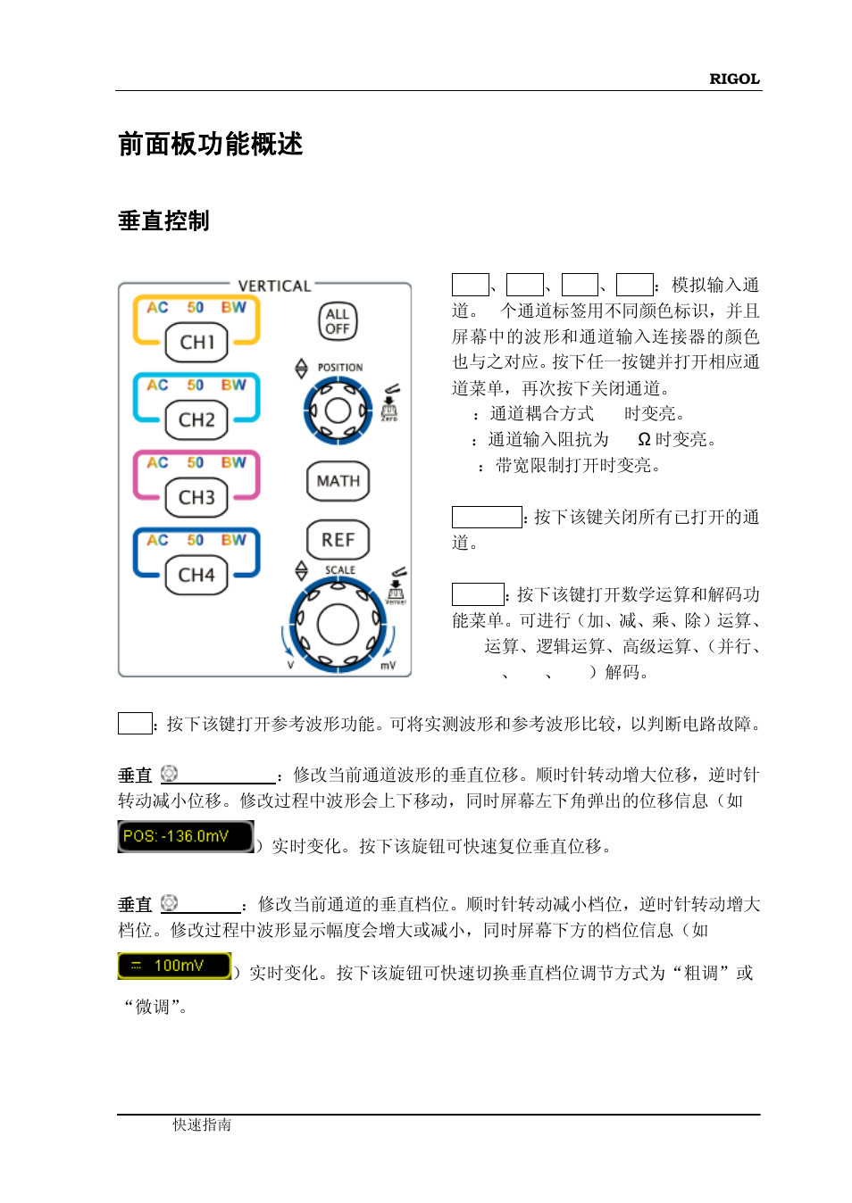 前面板功能概述, 垂直控制 | RIGOL DS6000 Series User Manual | Page 21 / 79