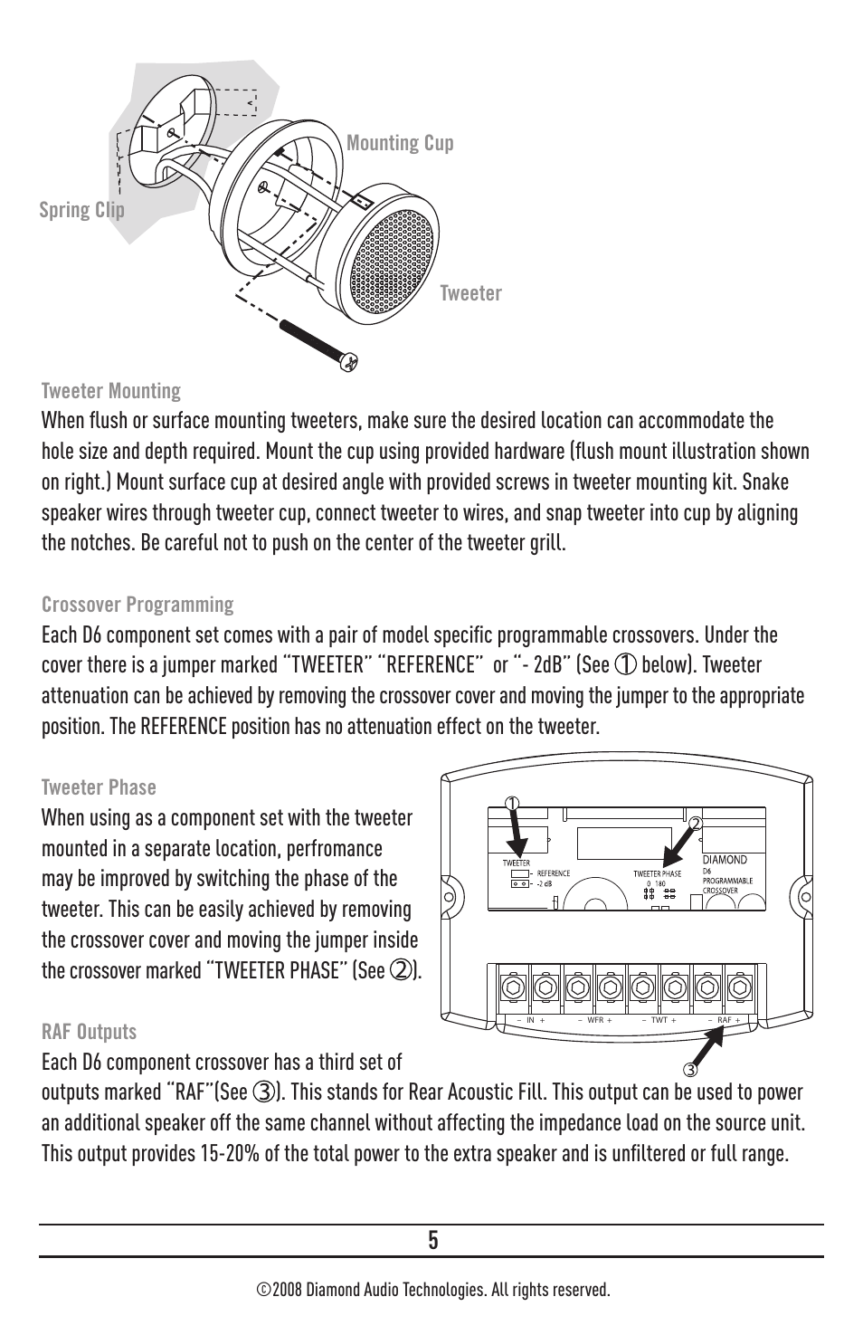 Tweeter mounting, Crossover programming, Tweeter phase | Raf outputs, Mounting cup spring clip tweeter | Diamond D652 User Manual | Page 5 / 8