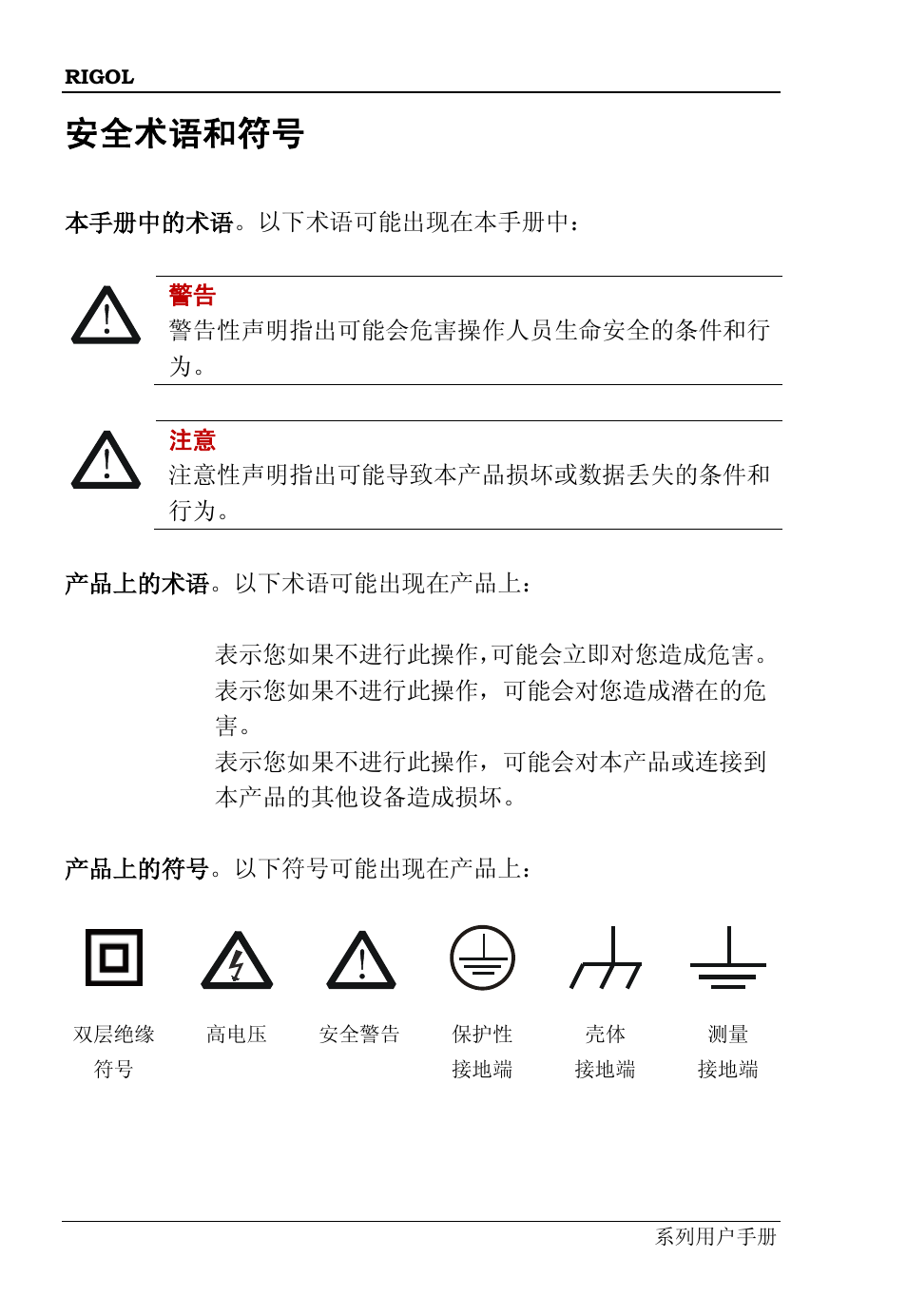 安全术语和符号 | RIGOL DS6000 Series User Manual | Page 6 / 42