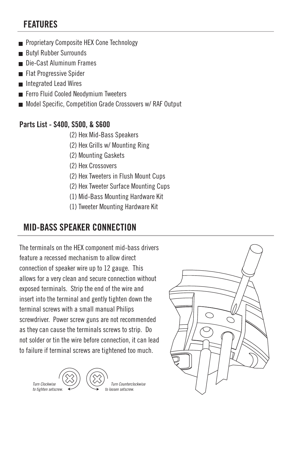 Product owners manual components, Features, Mid-bass speaker connection | Mounting, Crossovers, Component system connection, Way system connection thiele/small parameters, Physical dimensions, Phone, Service/tech support | Diamond S400 User Manual | Page 3 / 8