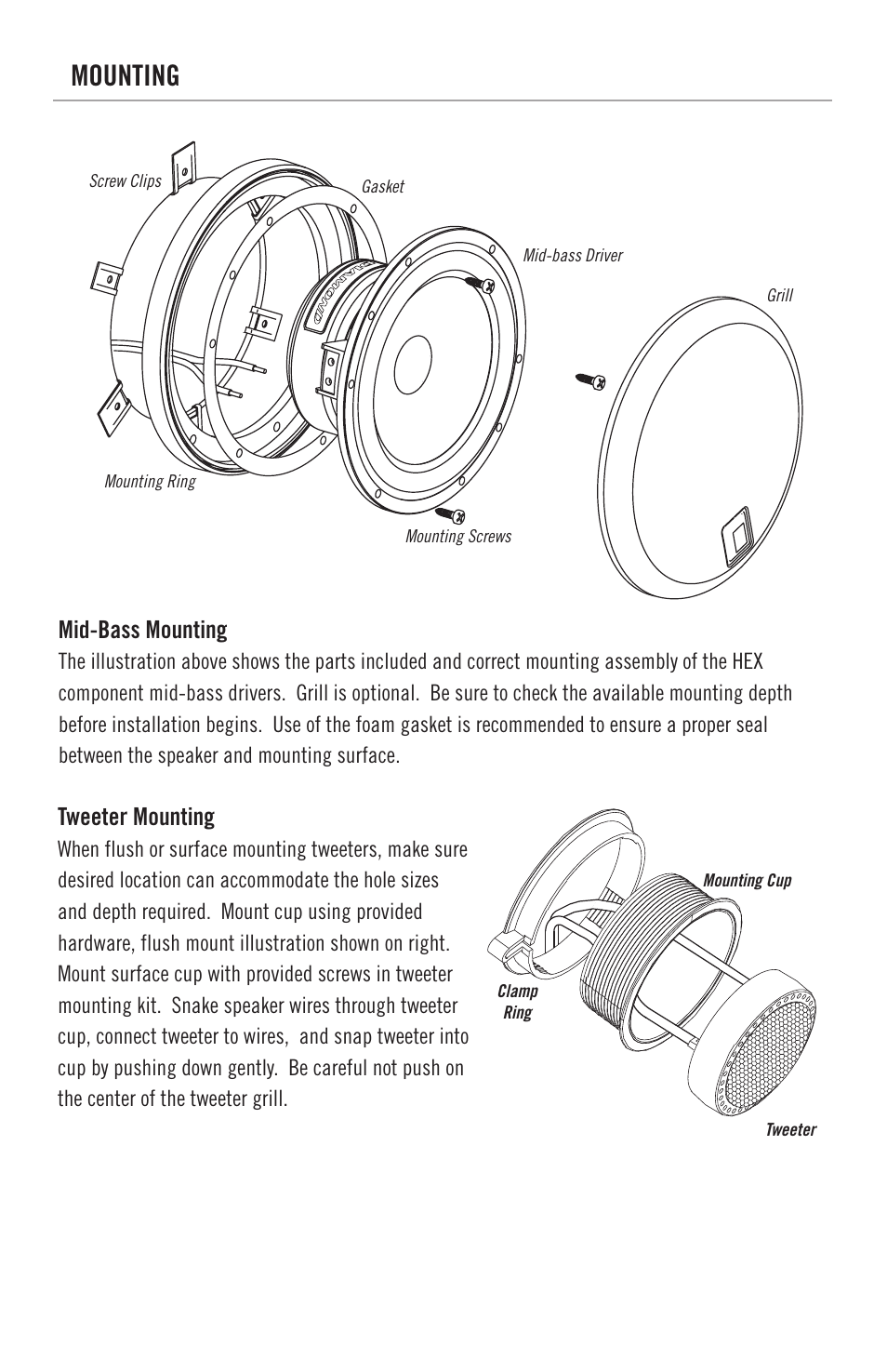Product owners manual components, Features, Mid-bass speaker connection | Mounting, Crossovers, Component system connection, Way system connection thiele/small parameters, Physical dimensions, Phone, Service/tech support | Diamond S400 User Manual | Page 4 / 8