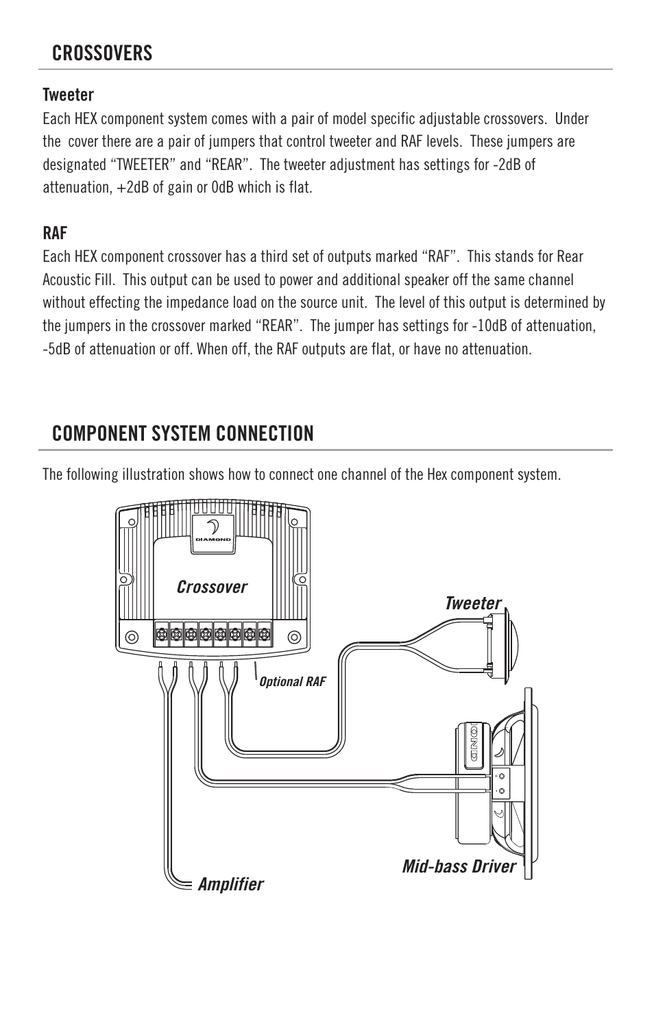 Product owners manual components, Features, Mid-bass speaker connection | Mounting, Crossovers, Component system connection, Way system connection thiele/small parameters, Physical dimensions, Phone, Service/tech support | Diamond S400 User Manual | Page 5 / 8