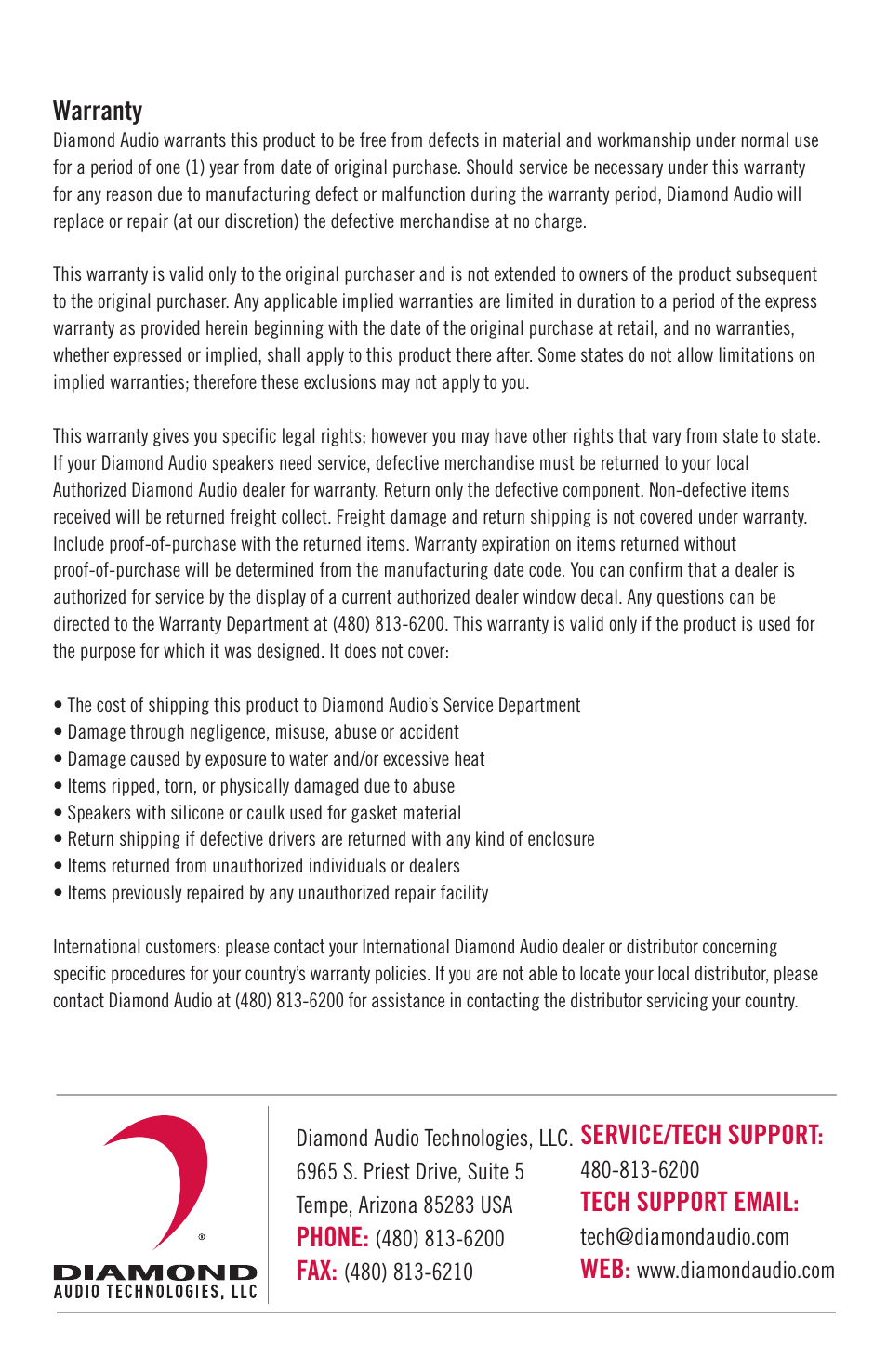 Product owners manual components, Features, Mid-bass speaker connection | Mounting, Crossovers, Component system connection, Way system connection thiele/small parameters, Physical dimensions, Phone, Service/tech support | Diamond S400 User Manual | Page 8 / 8