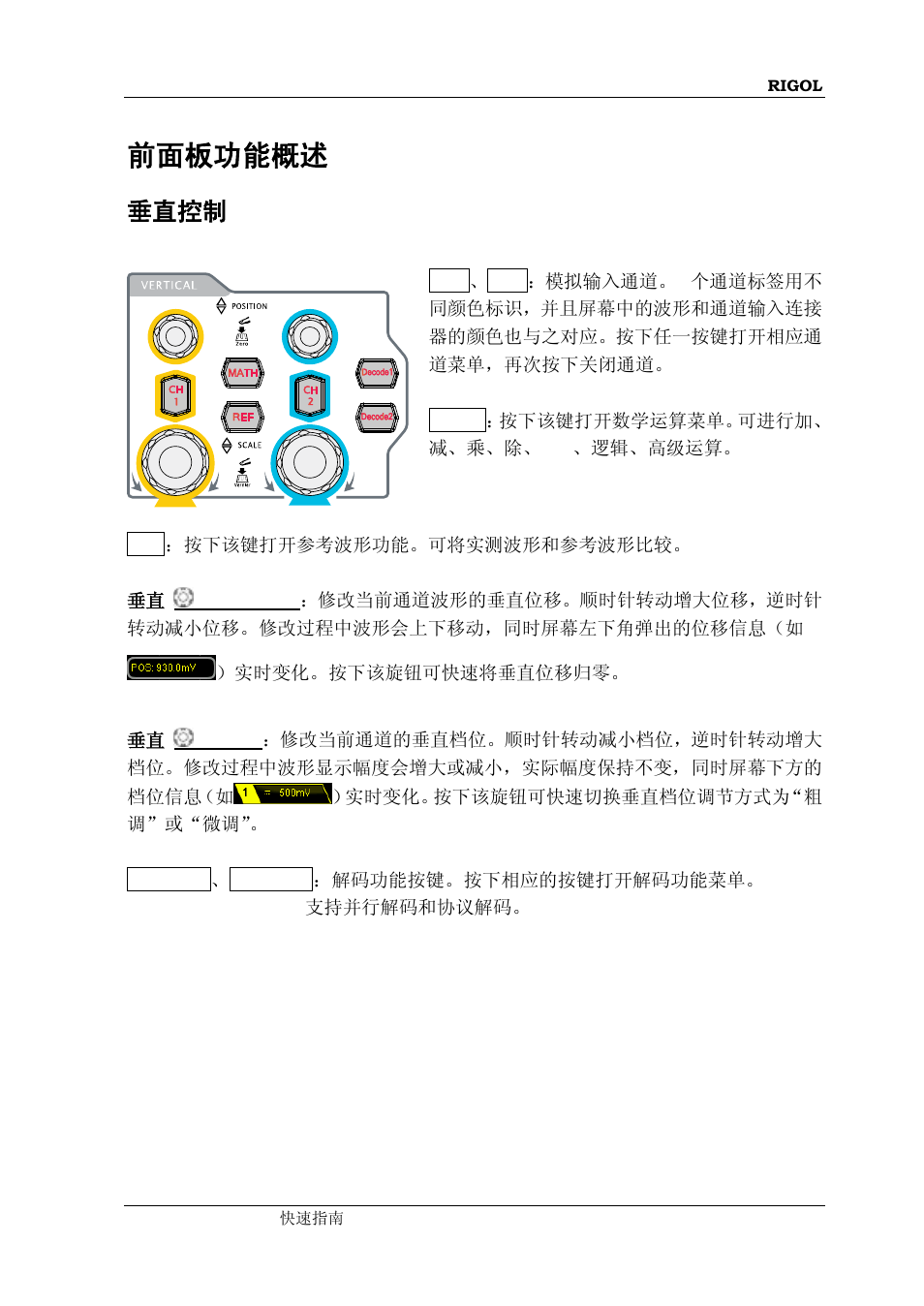 前面板功能概述, 垂直控制 | RIGOL MSO/DS2000A Series User Manual | Page 21 / 77