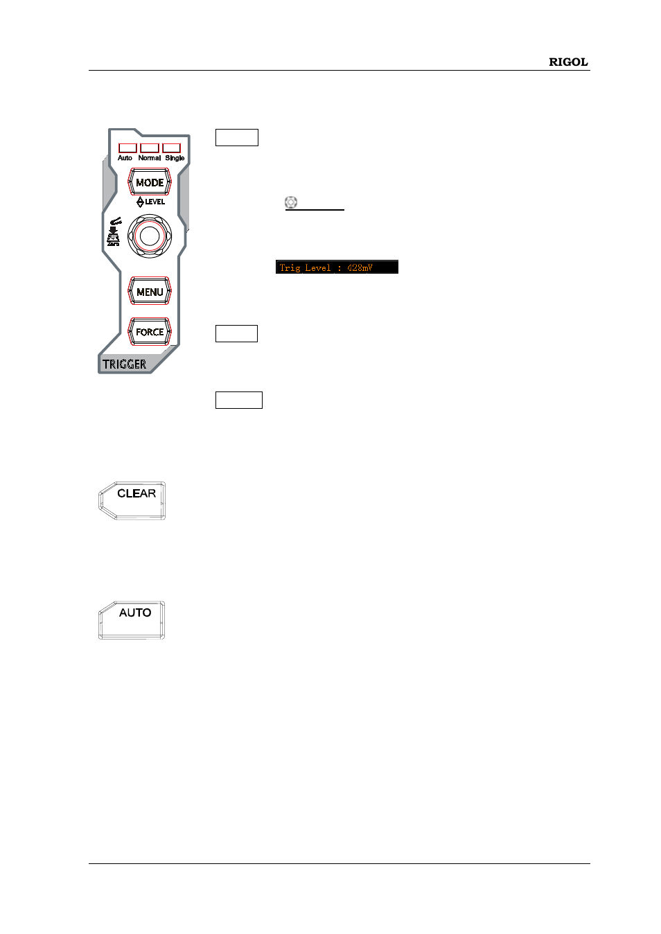 Trigger, Clear, Auto | Trigger -15, Clear -15, Auto -15 | RIGOL MSO/DS1000Z Series User Manual | Page 41 / 270