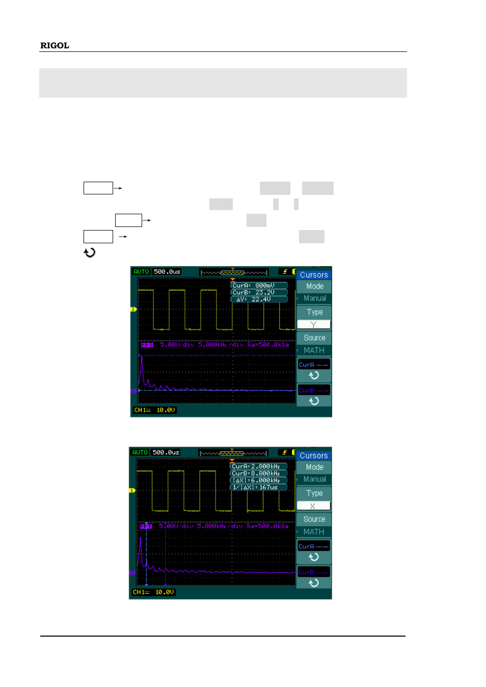 Example 8: fft cursor measurement, Example 8: fft cursor measurement -12 | RIGOL DS1000B User Manual | Page 150 / 166