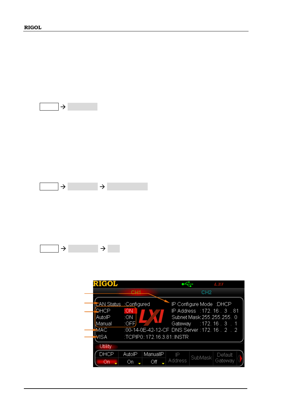 To configure the remote interface, To set gpib address, Lan setting | To configure the remote interface -40, To set gpib address -40 lan setting -40 | RIGOL DG5000 Series User Manual | Page 190 / 224