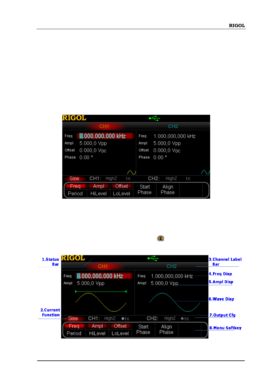 User interface, Parameter mode, Graph mode | User interface -15, Parameter mode -15 graph mode -15 | RIGOL DG5000 Series User Manual | Page 39 / 224