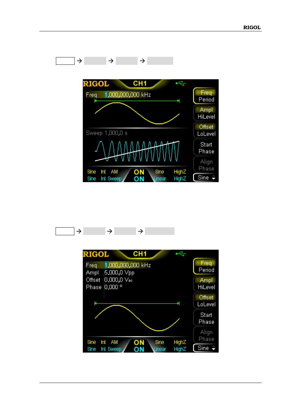 Dual channels graph mode, Single channel view mode, Dual channels graph mode -19 | Single channel view mode -19 | RIGOL DG1000Z Series User Manual | Page 37 / 188