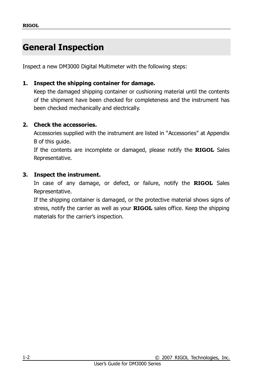 General inspection, General inspection -2 | RIGOL M300 User Manual | Page 12 / 144