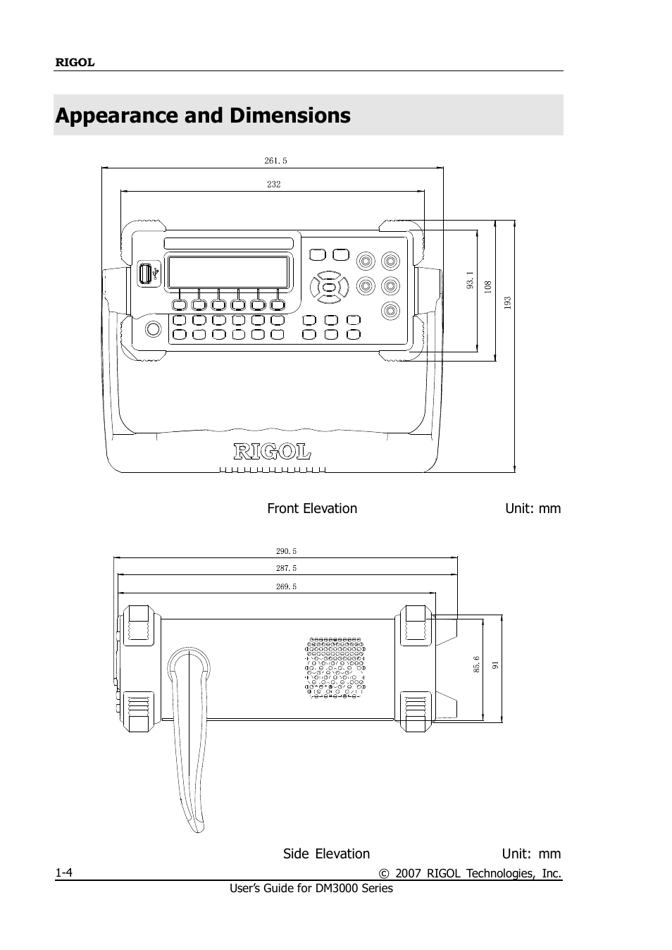 Appearance and dimensions, Appearance and dimensions -4 | RIGOL M300 User Manual | Page 14 / 144