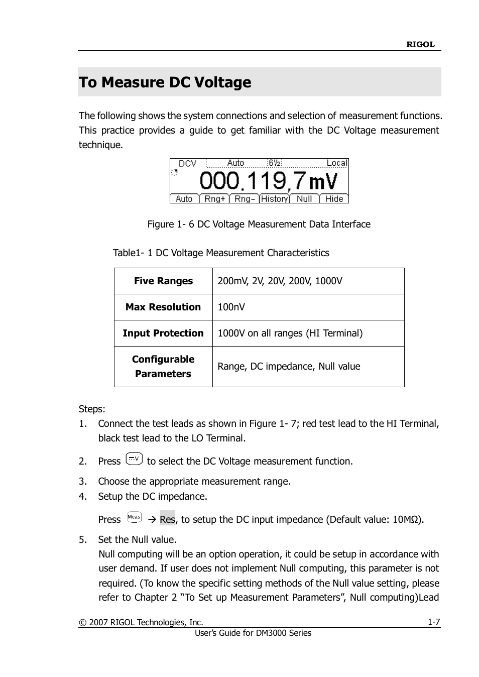 To measure dc voltage, To measure dc voltage -7 | RIGOL M300 User Manual | Page 17 / 144