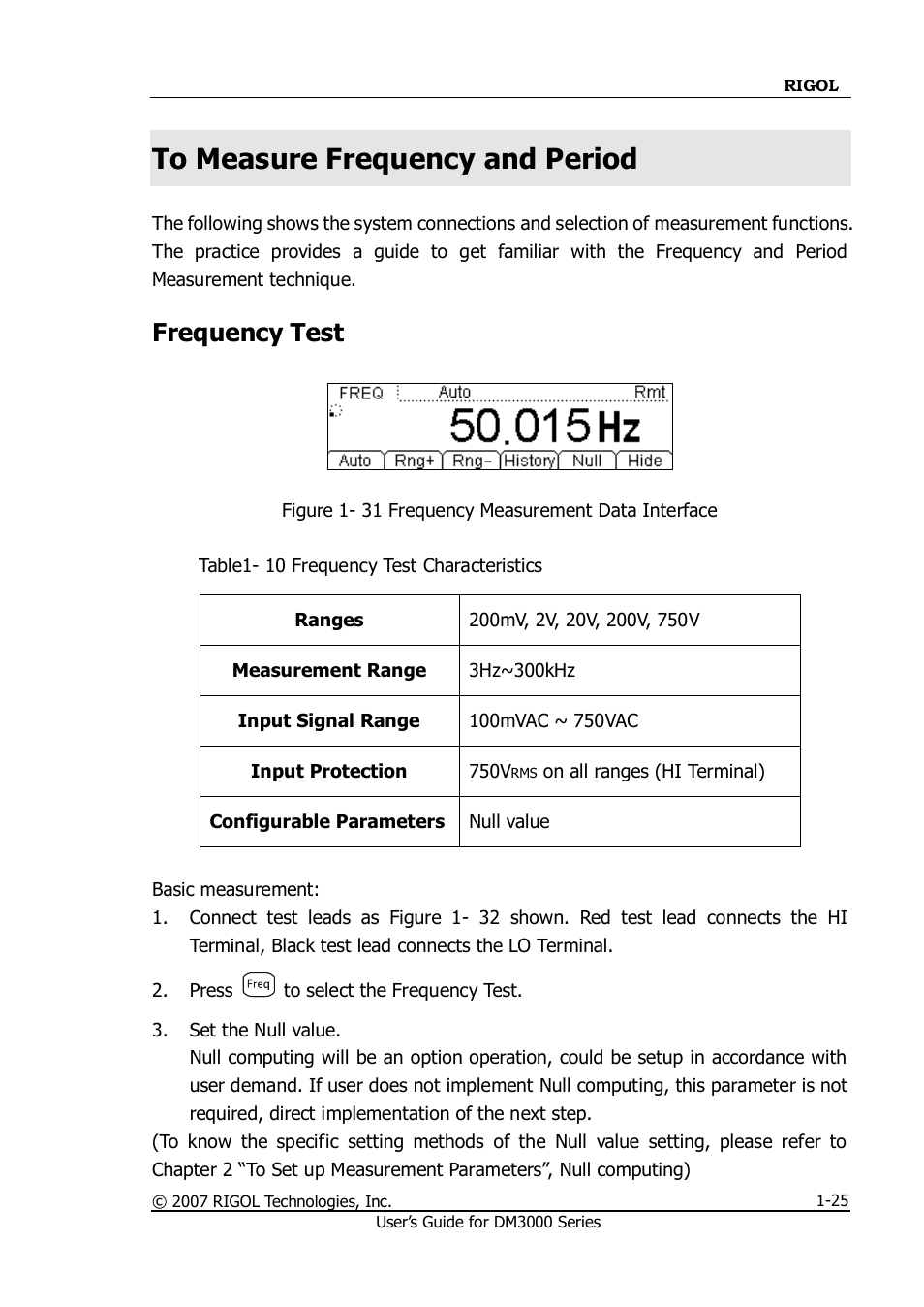 To measure frequency and period, To measure frequency and period -25, Frequency test | RIGOL M300 User Manual | Page 35 / 144