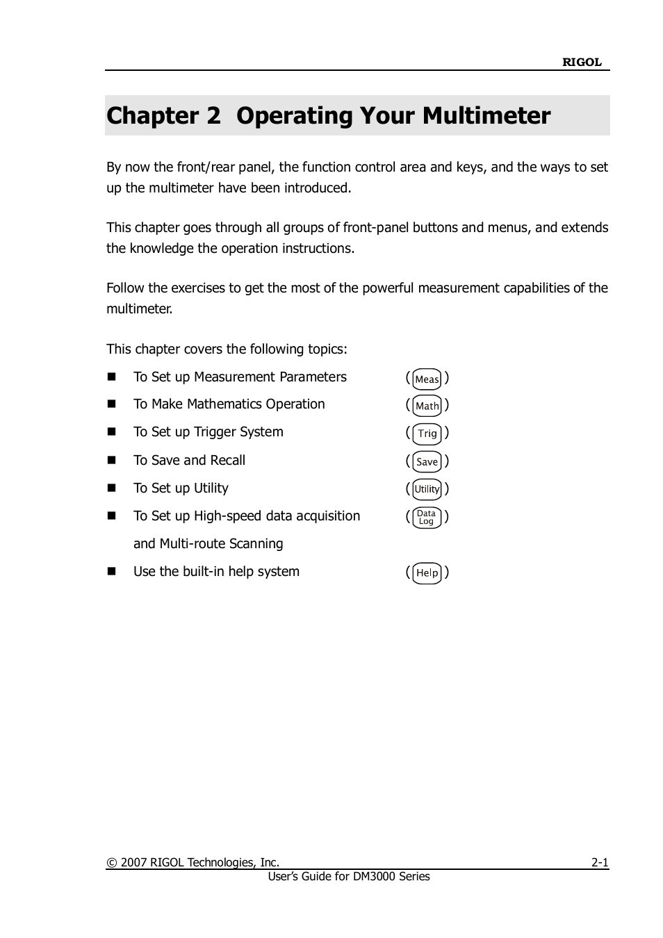 Operating your multimeter, Chapter 2 operating your multimeter -1, Chapter 2 operating your multimeter | RIGOL M300 User Manual | Page 49 / 144