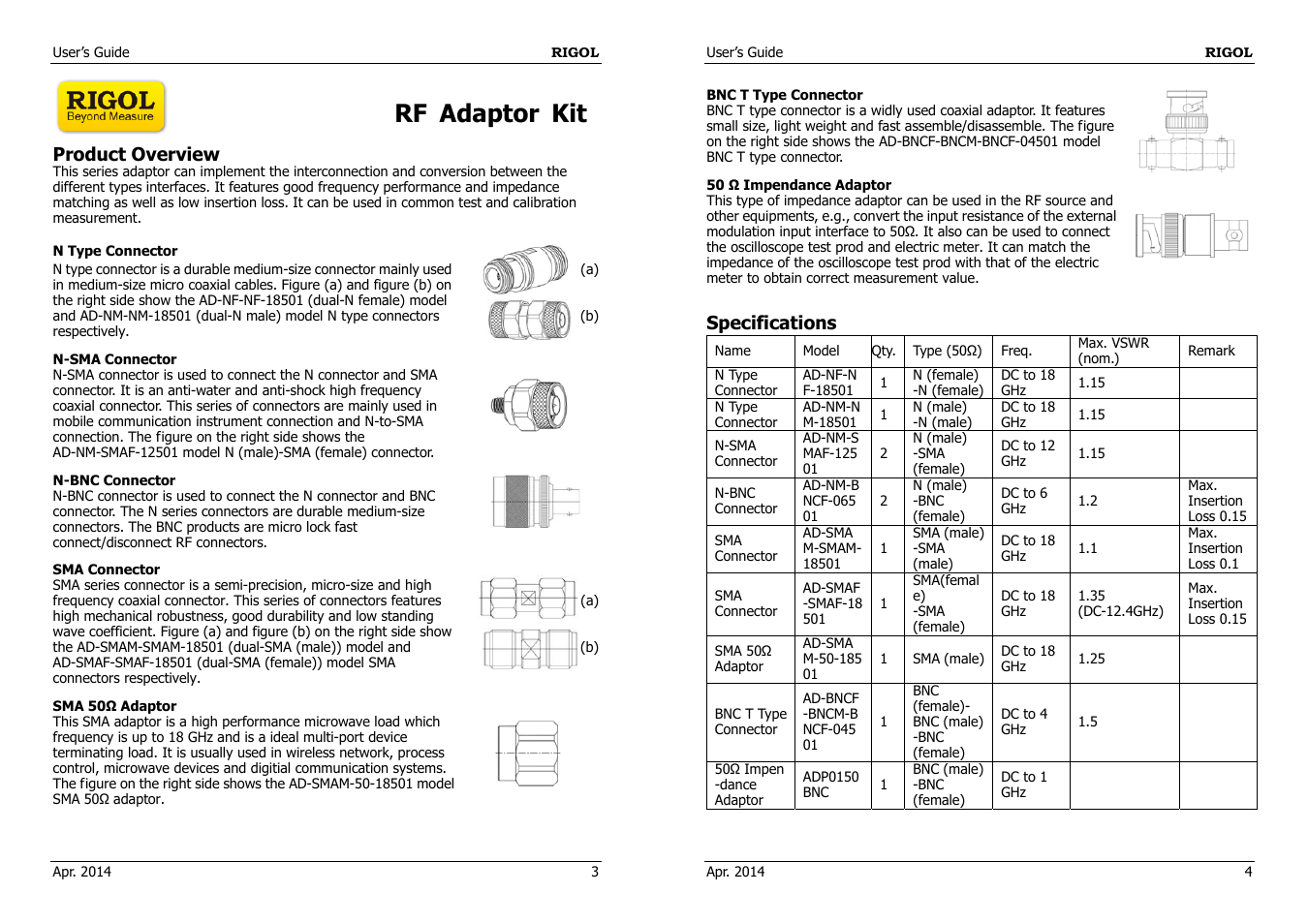Rf adaptor kit, Product overview, Specifications | RIGOL DSA875 User Manual | Page 2 / 2