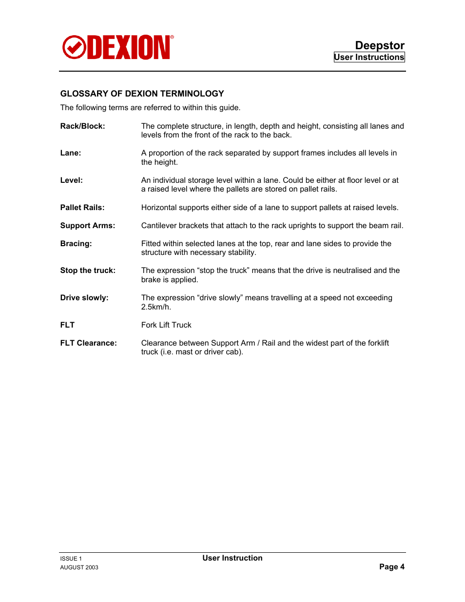 Glossary of dexion terminology, Deepstor | Dexion DEEPSTOR DEIVE-IN PALLET RACKING User Manual | Page 10 / 37