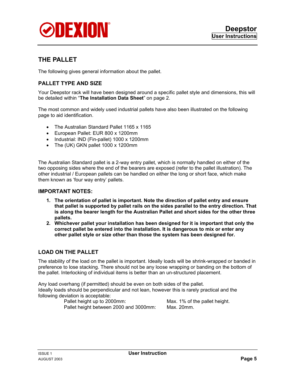 The pallet, Pallet type and size, Load on pallet | Deepstor | Dexion DEEPSTOR DEIVE-IN PALLET RACKING User Manual | Page 11 / 37