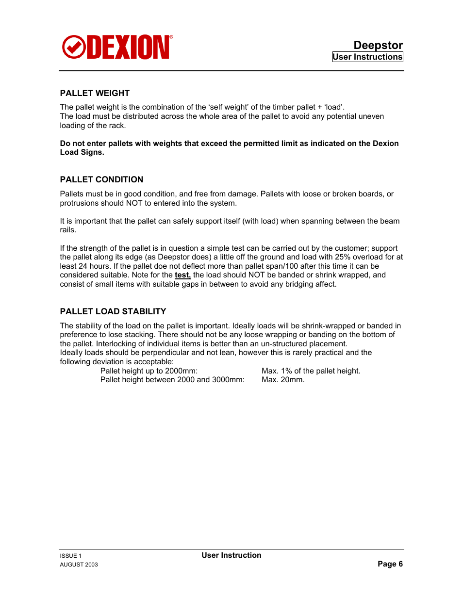 Pallet weight/condition/stability, Deepstor | Dexion DEEPSTOR DEIVE-IN PALLET RACKING User Manual | Page 12 / 37