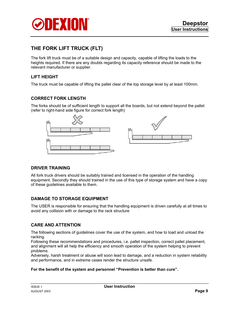 The fork lift truck (flt), Deepstor | Dexion DEEPSTOR DEIVE-IN PALLET RACKING User Manual | Page 15 / 37