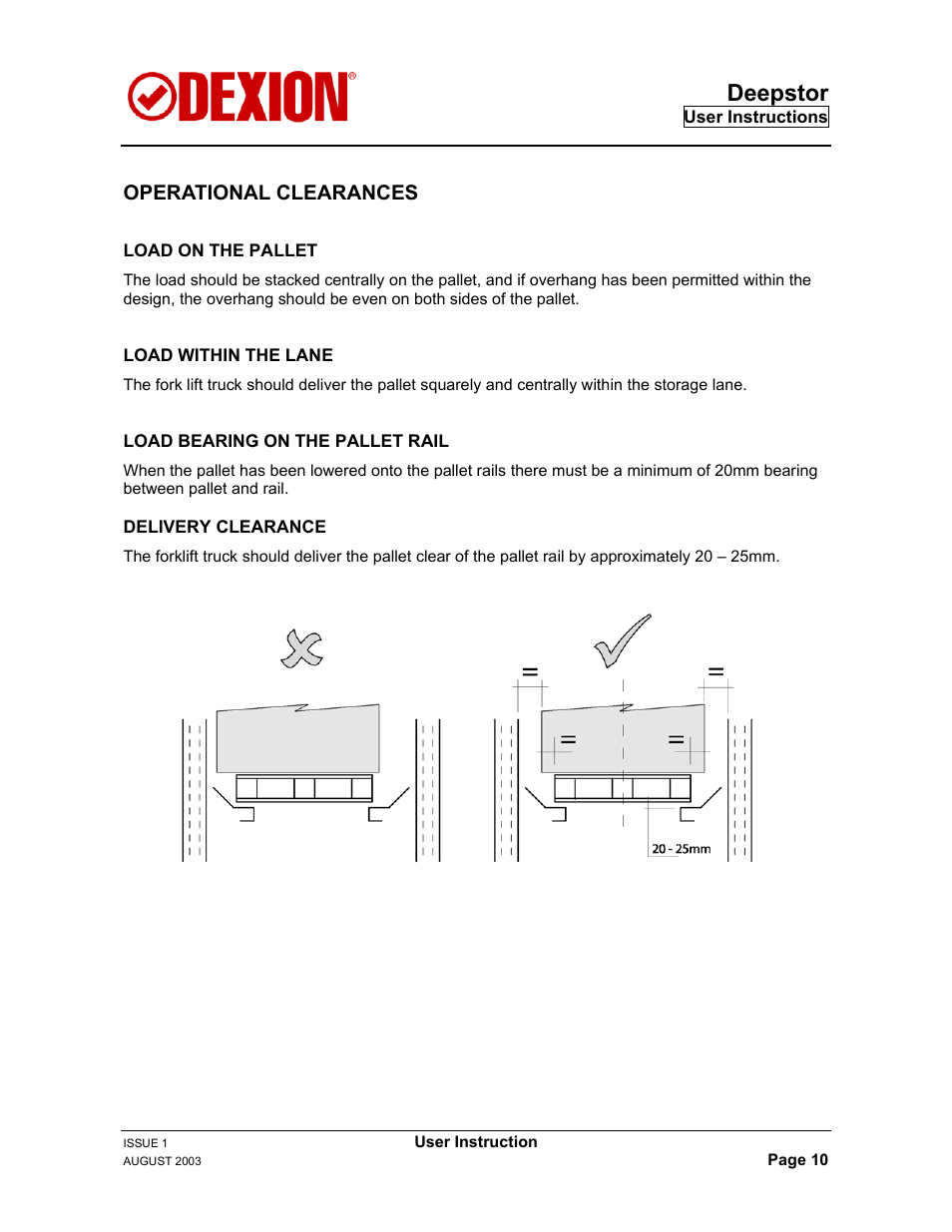 Operational clearances, Deepstor | Dexion DEEPSTOR DEIVE-IN PALLET RACKING User Manual | Page 16 / 37