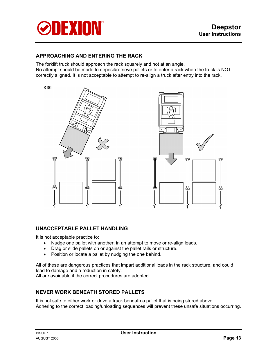 Approaching and entering the rack, Unacceptable pallet handling, Deepstor | Dexion DEEPSTOR DEIVE-IN PALLET RACKING User Manual | Page 19 / 37