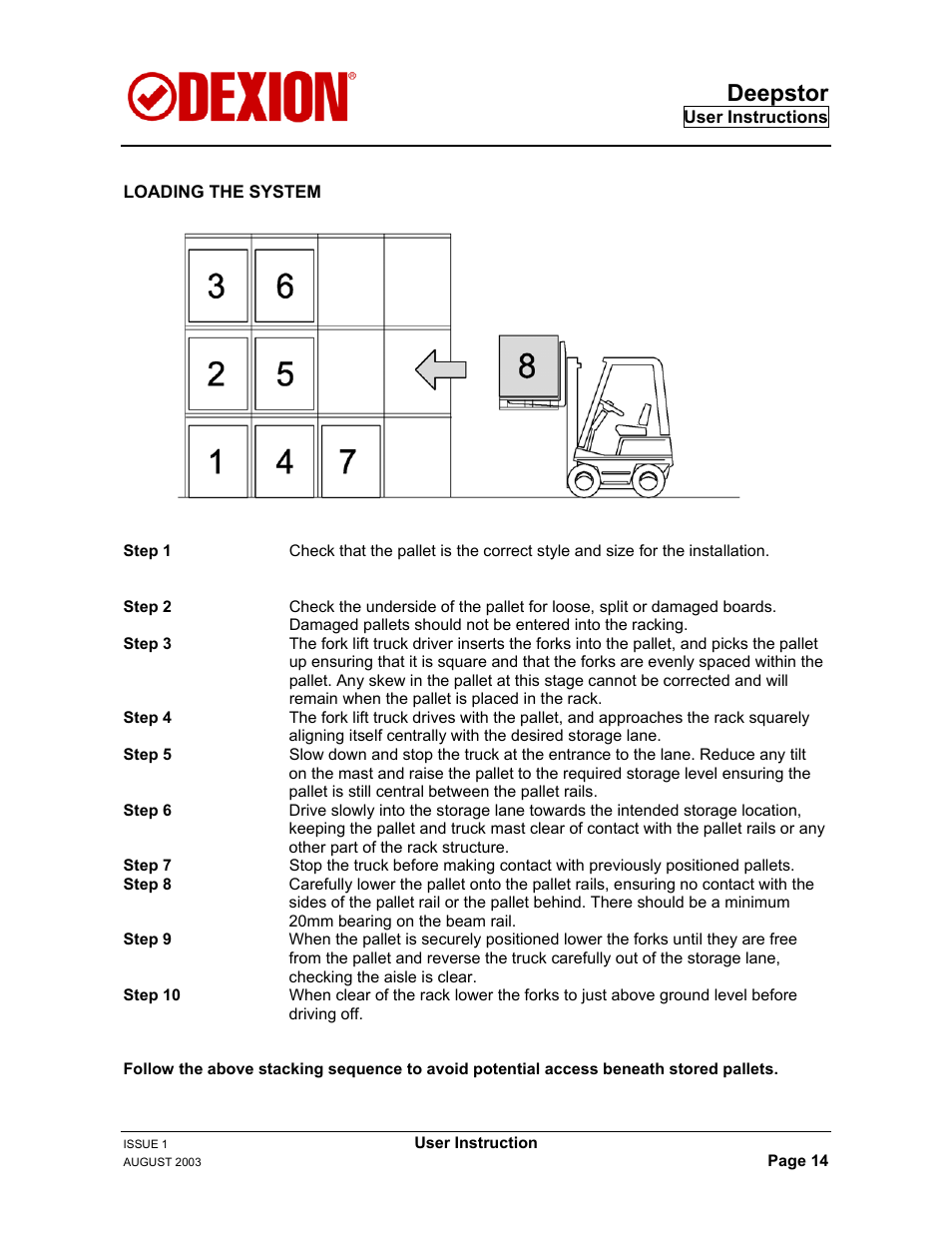 Loading the system, Deepstor | Dexion DEEPSTOR DEIVE-IN PALLET RACKING User Manual | Page 20 / 37