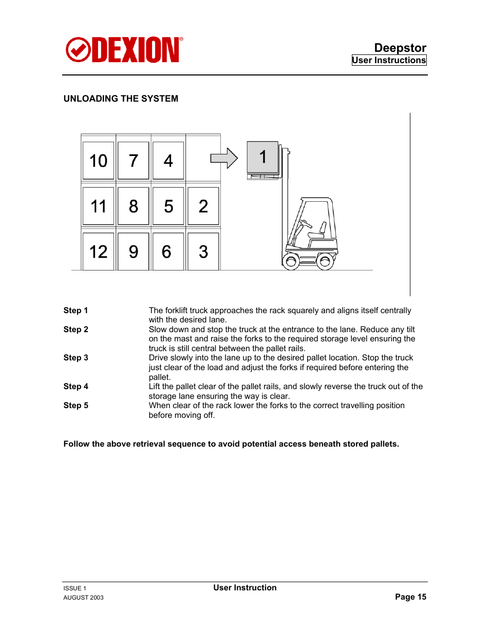 Unloading the system, Deepstor | Dexion DEEPSTOR DEIVE-IN PALLET RACKING User Manual | Page 21 / 37