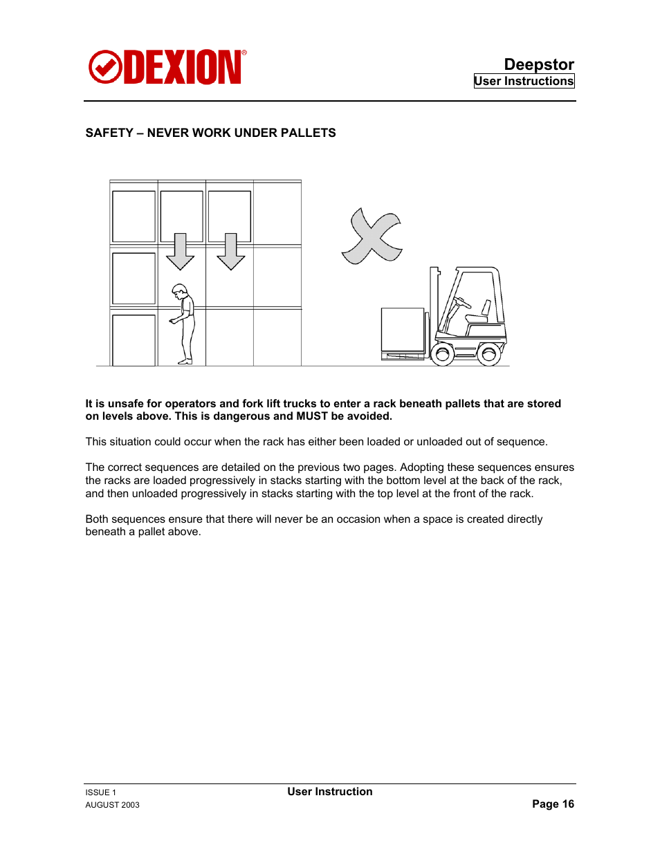 Safety – never work under, Deepstor | Dexion DEEPSTOR DEIVE-IN PALLET RACKING User Manual | Page 22 / 37