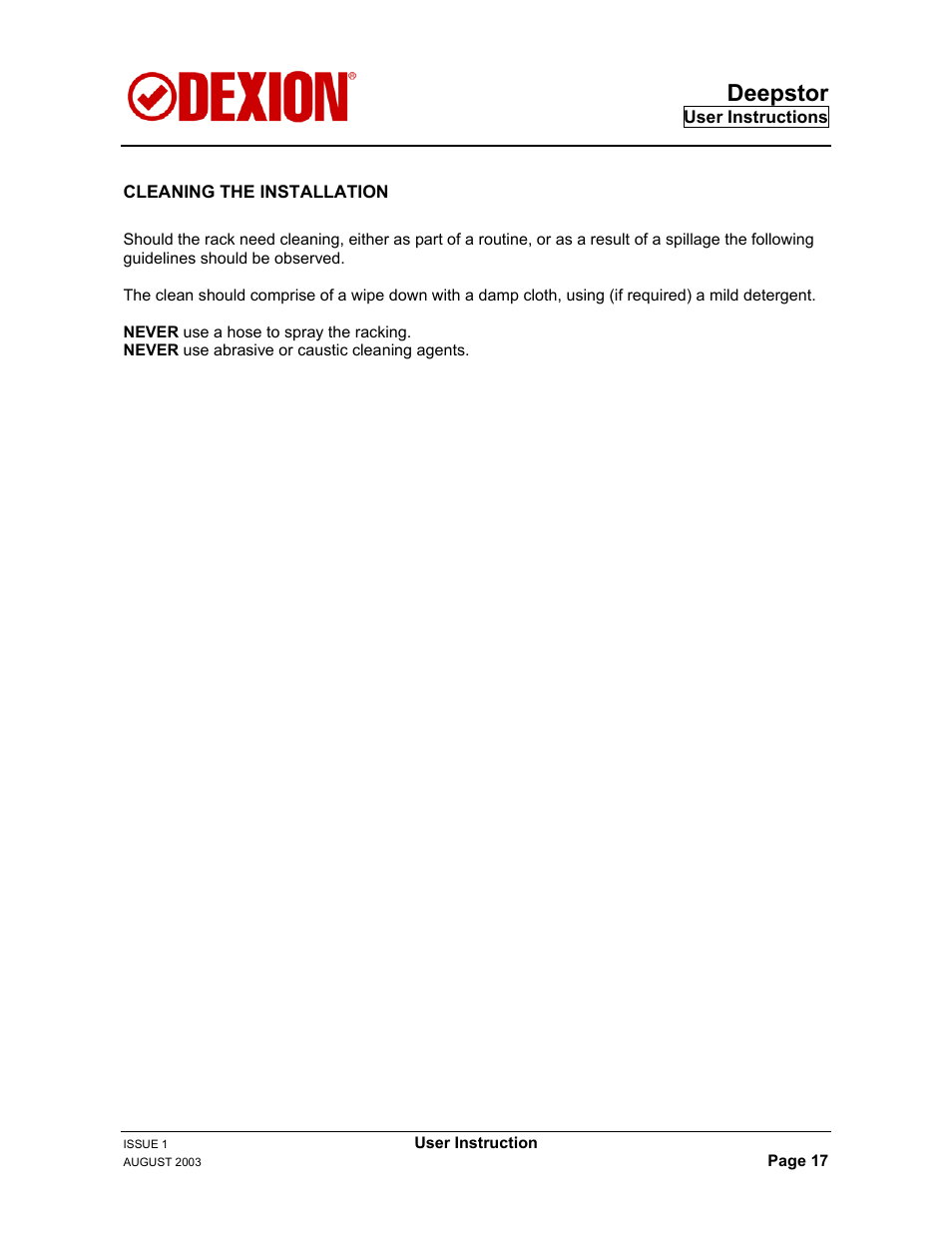 Cleaning, Deepstor | Dexion DEEPSTOR DEIVE-IN PALLET RACKING User Manual | Page 23 / 37