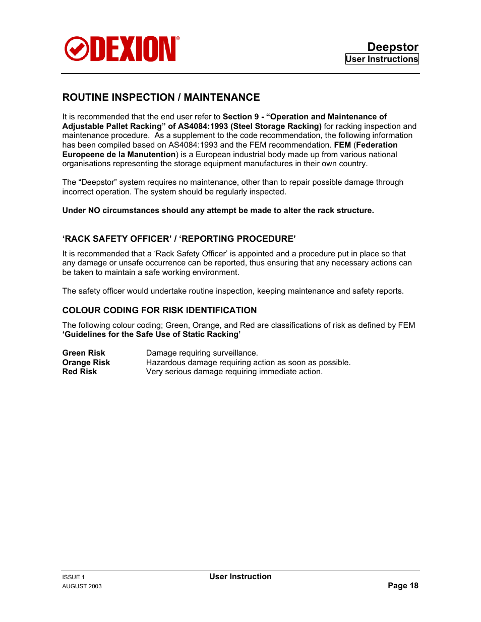 Routine inspection / maintenance, Deepstor | Dexion DEEPSTOR DEIVE-IN PALLET RACKING User Manual | Page 24 / 37