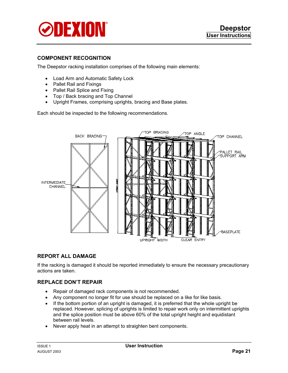 Component recognition, Replace don’t repair, Deepstor | Dexion DEEPSTOR DEIVE-IN PALLET RACKING User Manual | Page 27 / 37