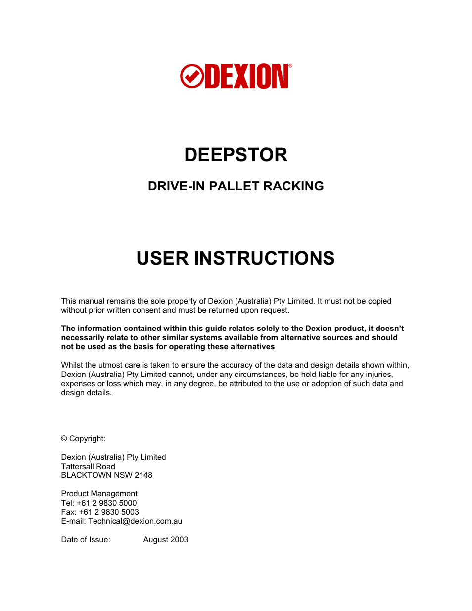 Deepstor, User instructions, Drive-in pallet racking | Dexion DEEPSTOR DEIVE-IN PALLET RACKING User Manual | Page 3 / 37