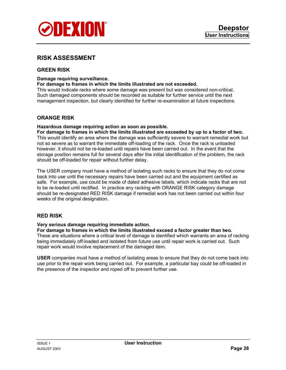 Risk assessment, Damage action procedure, Deepstor | Dexion DEEPSTOR DEIVE-IN PALLET RACKING User Manual | Page 34 / 37