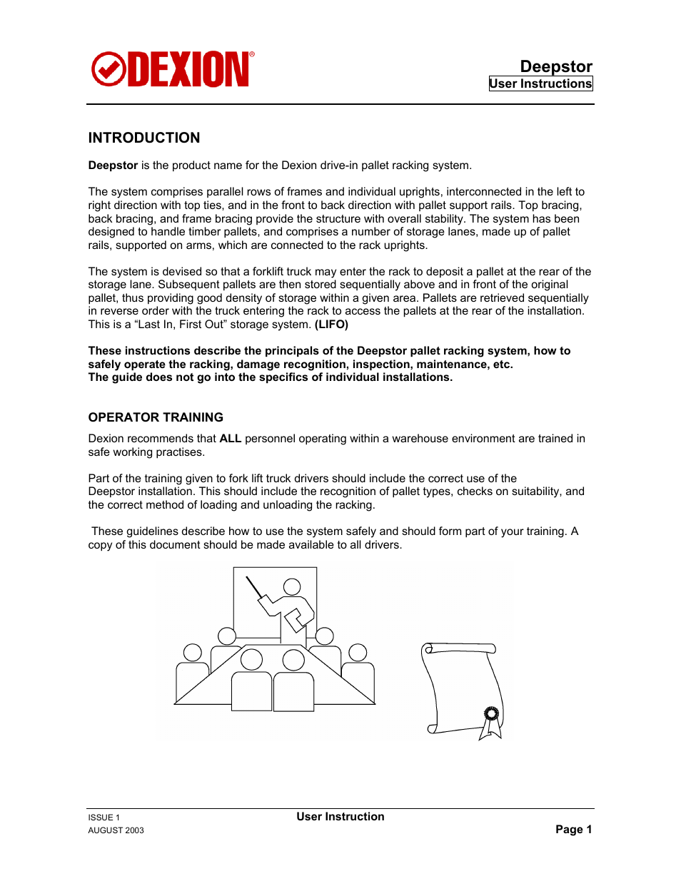Introduction, Operator training, Deepstor | Dexion DEEPSTOR DEIVE-IN PALLET RACKING User Manual | Page 7 / 37