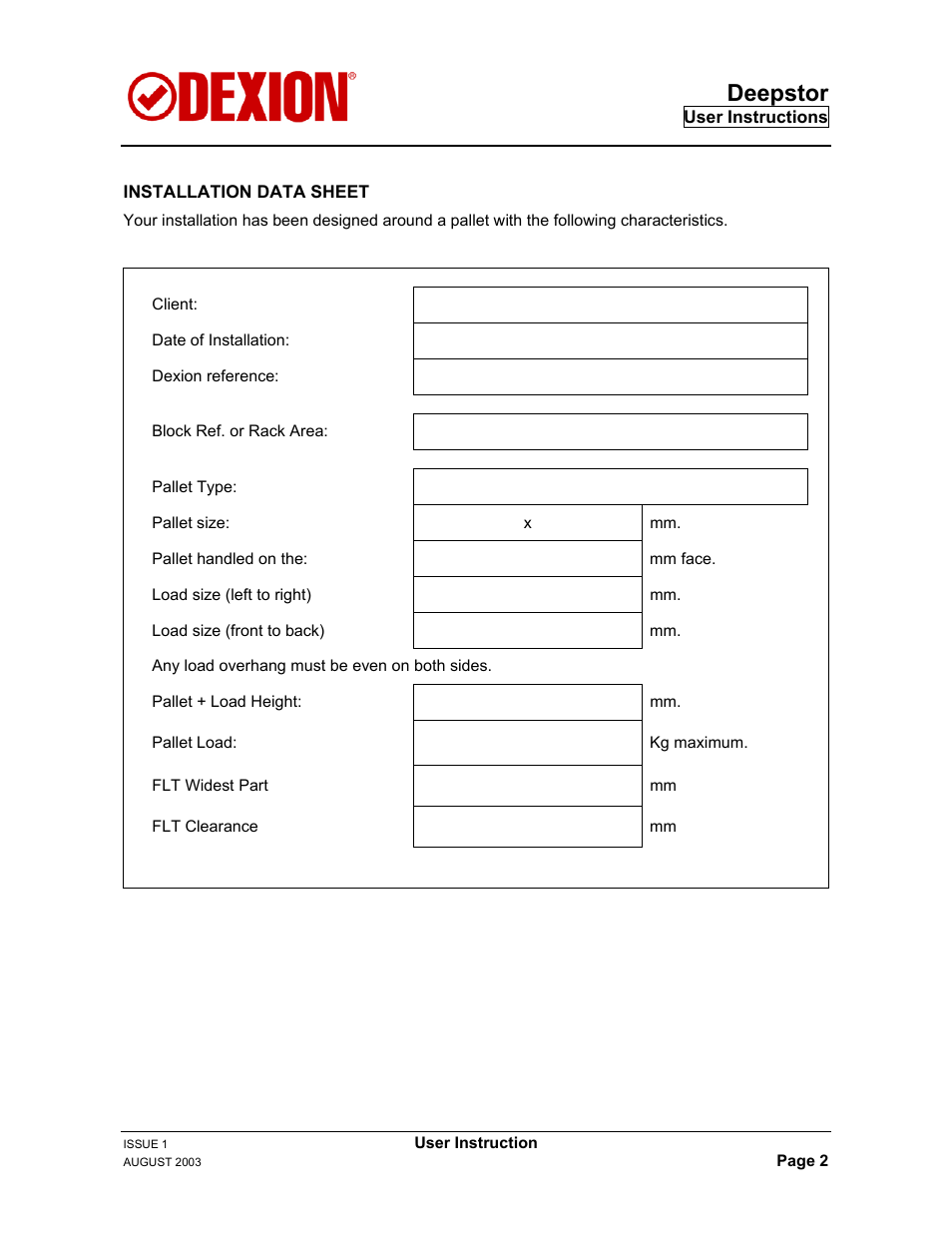 Installation data sheet, Deepstor | Dexion DEEPSTOR DEIVE-IN PALLET RACKING User Manual | Page 8 / 37