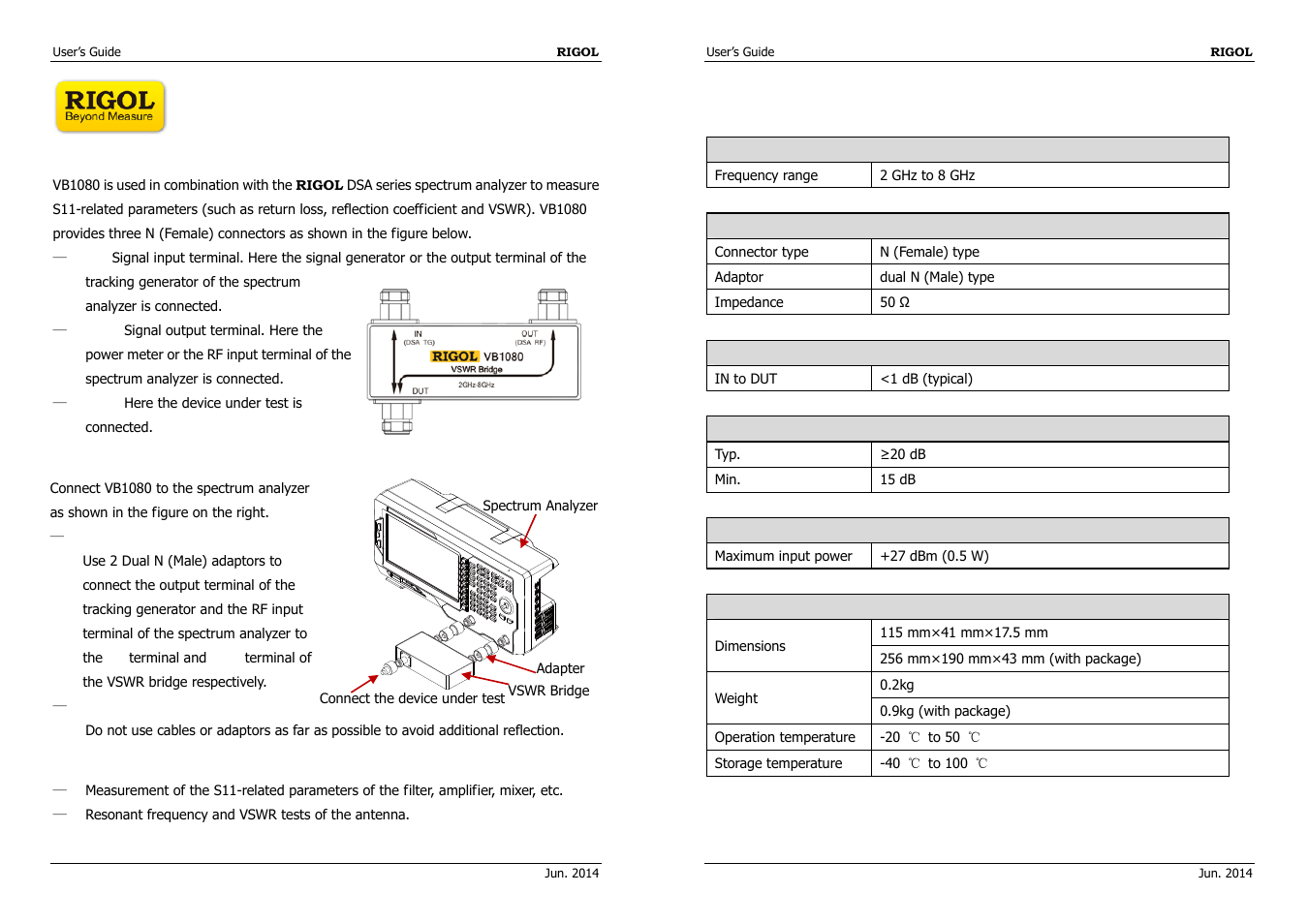 Vb1080 vswr bridge, Product overview, Measurement connection | Typical applications, Specifications | RIGOL DSA875 User Manual | Page 2 / 2