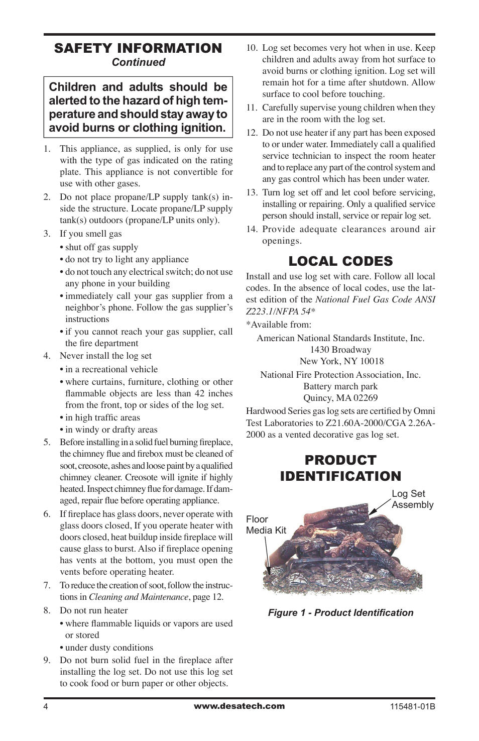 Product identification, Local codes, Safety information | Design Dynamics HCA-24-RFN User Manual | Page 4 / 20