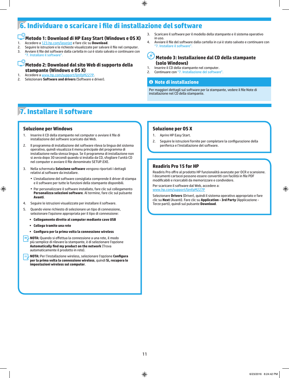 Configurazione iniziale dal pannello di controllo, Soluzione per windows, Soluzione per os x | Readiris pro 15 for hp | HP LaserJet Pro MFP M227fdw User Manual | Page 11 / 48