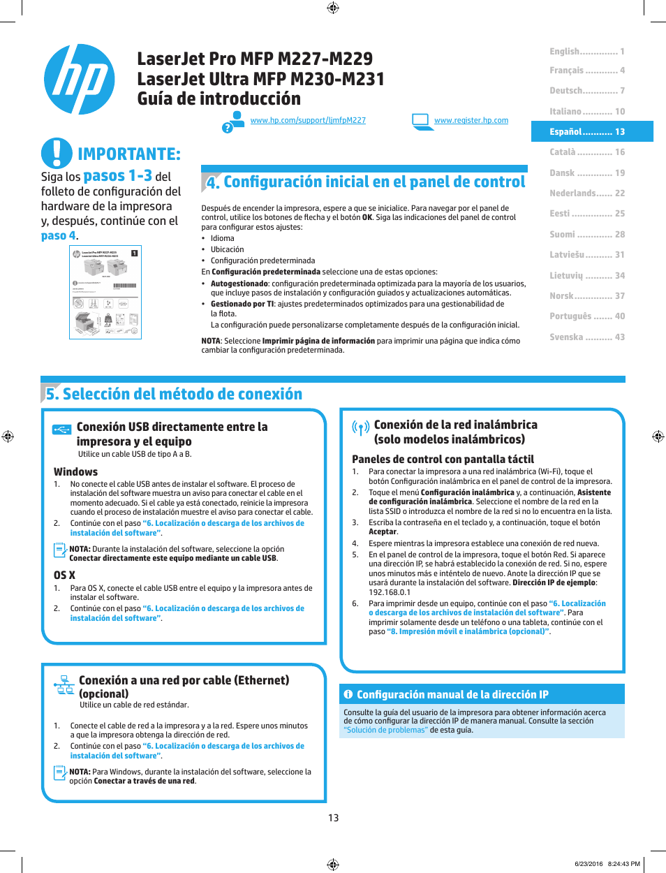 Importante, Selección del método de conexión, Configuración inicial en el panel de control | Pasos 1-3, Conexión a una red por cable (ethernet), Siga los | HP LaserJet Pro MFP M227fdw User Manual | Page 13 / 48