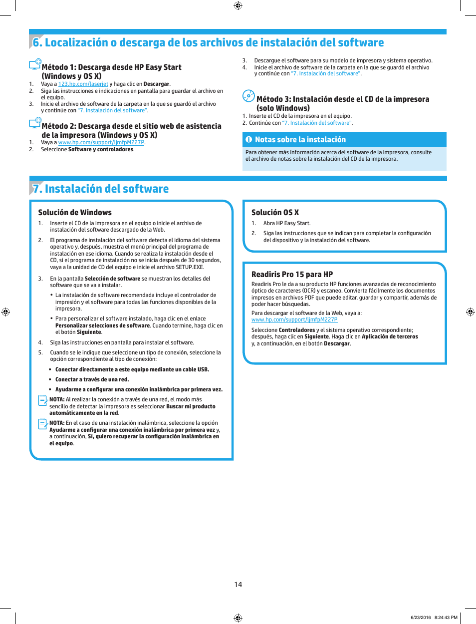 Solución de windows, Solución os x, Readiris pro 15 para hp | Notas sobre la instalación | HP LaserJet Pro MFP M227fdw User Manual | Page 14 / 48