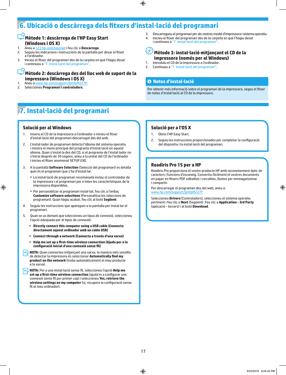 Configuració inicial al tauler de control, Solució per al windows, Solució per a l’os x | Readiris pro 15 per a hp | HP LaserJet Pro MFP M227fdw User Manual | Page 17 / 48