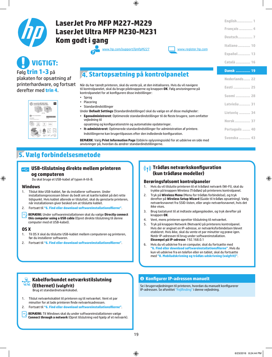 Vigtigt, Trin 1-3, Kabelforbundet netværkstilslutning (ethernet) | Følg | HP LaserJet Pro MFP M227fdw User Manual | Page 19 / 48