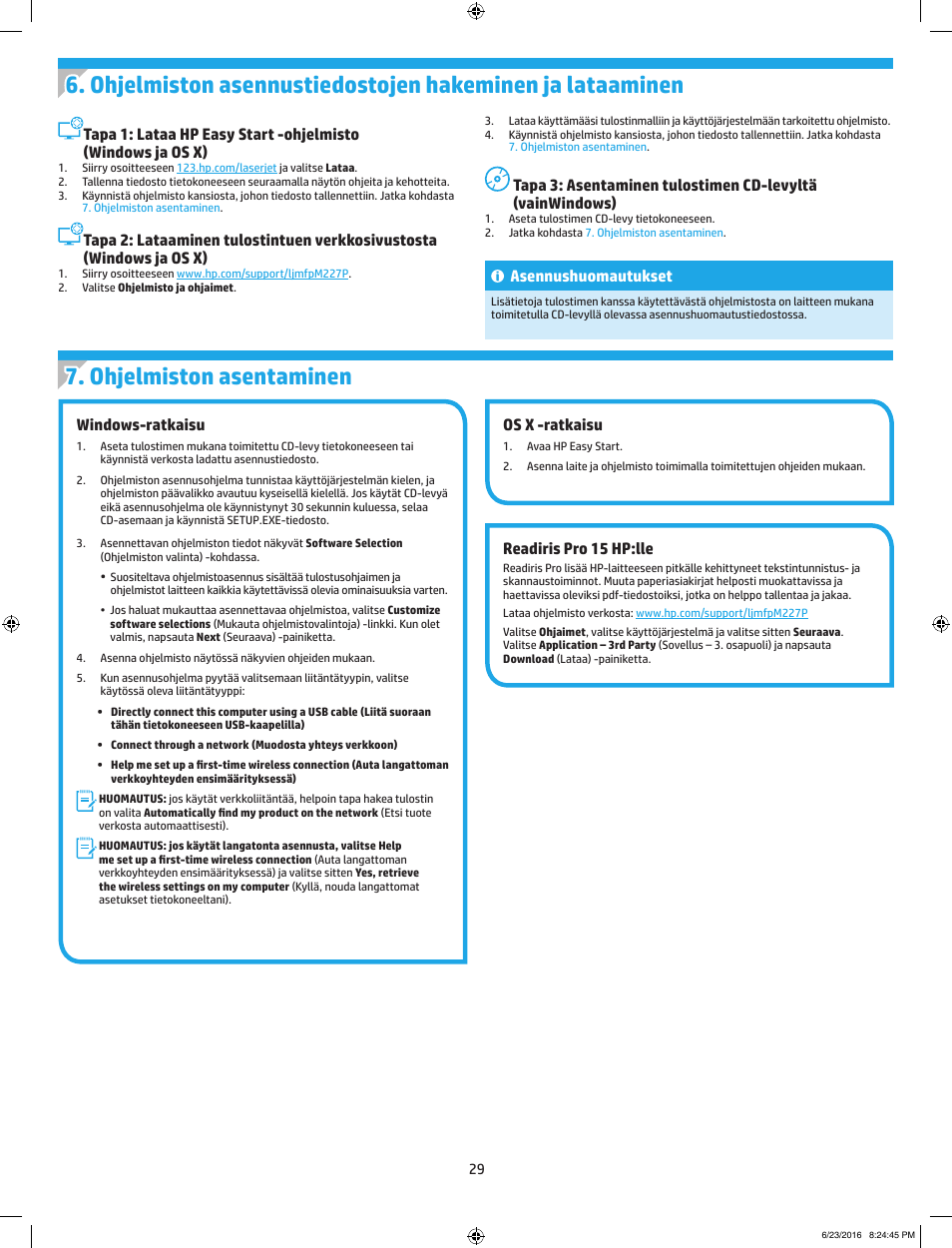 Ohjauspaneelin alkumääritys, Windows-ratkaisu, Os x -ratkaisu | Readiris pro 15 hp:lle, Asennushuomautukset | HP LaserJet Pro MFP M227fdw User Manual | Page 29 / 48