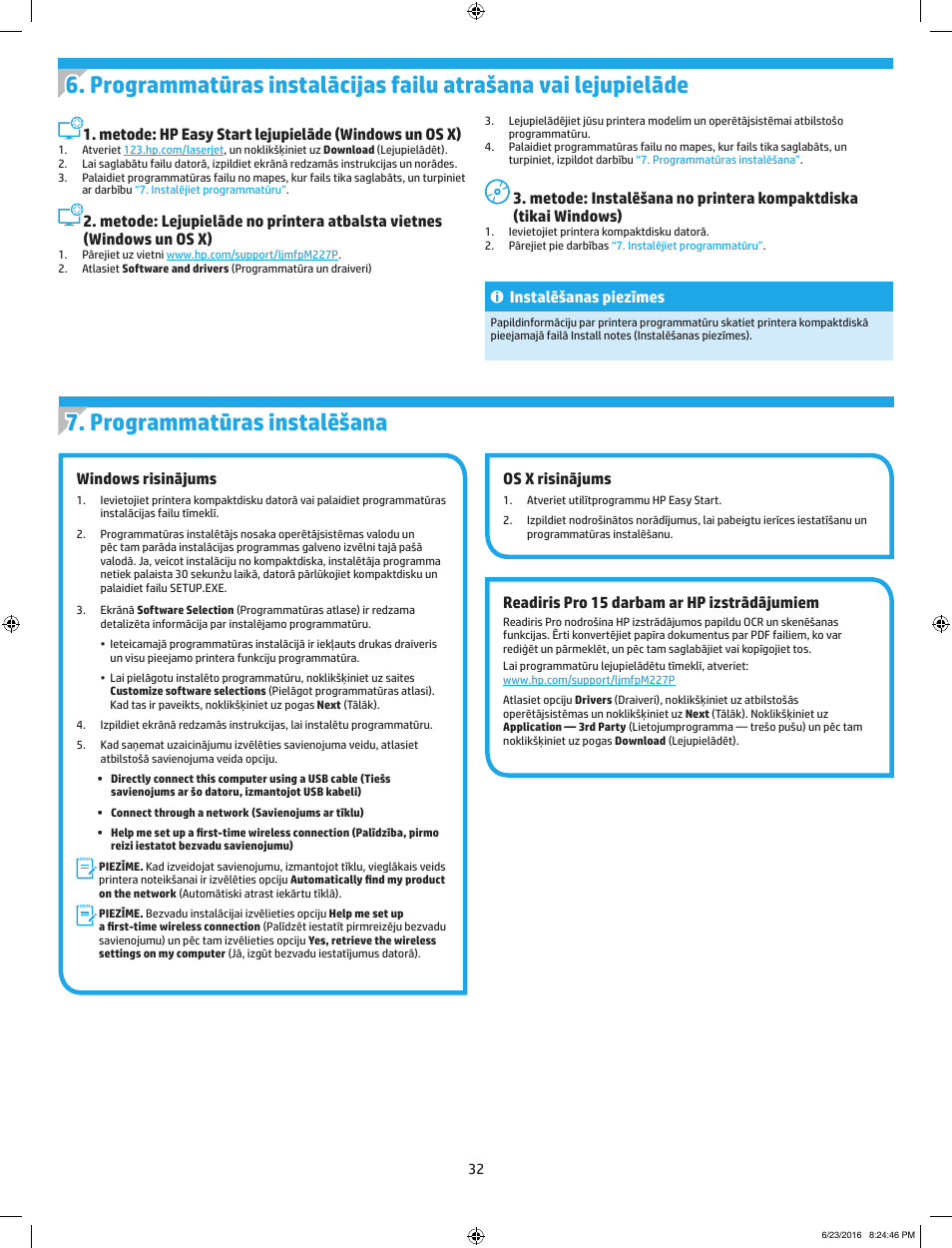 Windows risinājums, Os x risinājums, Readiris pro 15 darbam ar hp izstrādājumiem | Instalēšanas piezīmes | HP LaserJet Pro MFP M227fdw User Manual | Page 32 / 48