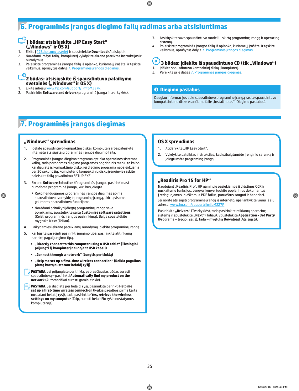 Windows“ sprendimas, Os x sprendimas, Readiris pro 15 for hp | 3 būdas: įdiekite iš spausdintuvo cd, Tik „windows“), Diegimo pastabos | HP LaserJet Pro MFP M227fdw User Manual | Page 35 / 48