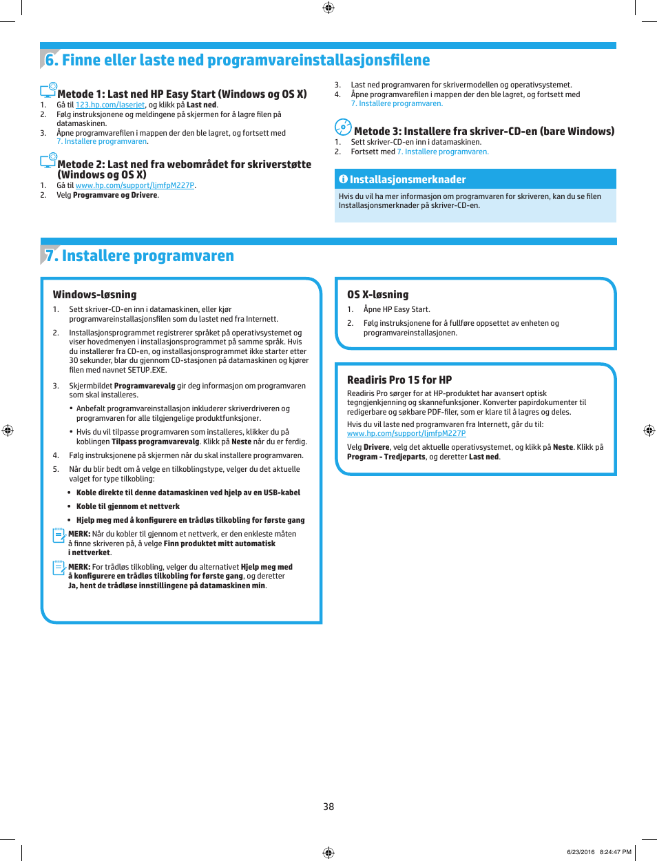 Windows-løsning, Os x-løsning, Readiris pro 15 for hp | Metode 1: last ned hp easy start (windows og os x), Metode 3: installere fra skriver-cd-en, Bare windows), Installasjonsmerknader | HP LaserJet Pro MFP M227fdw User Manual | Page 38 / 48