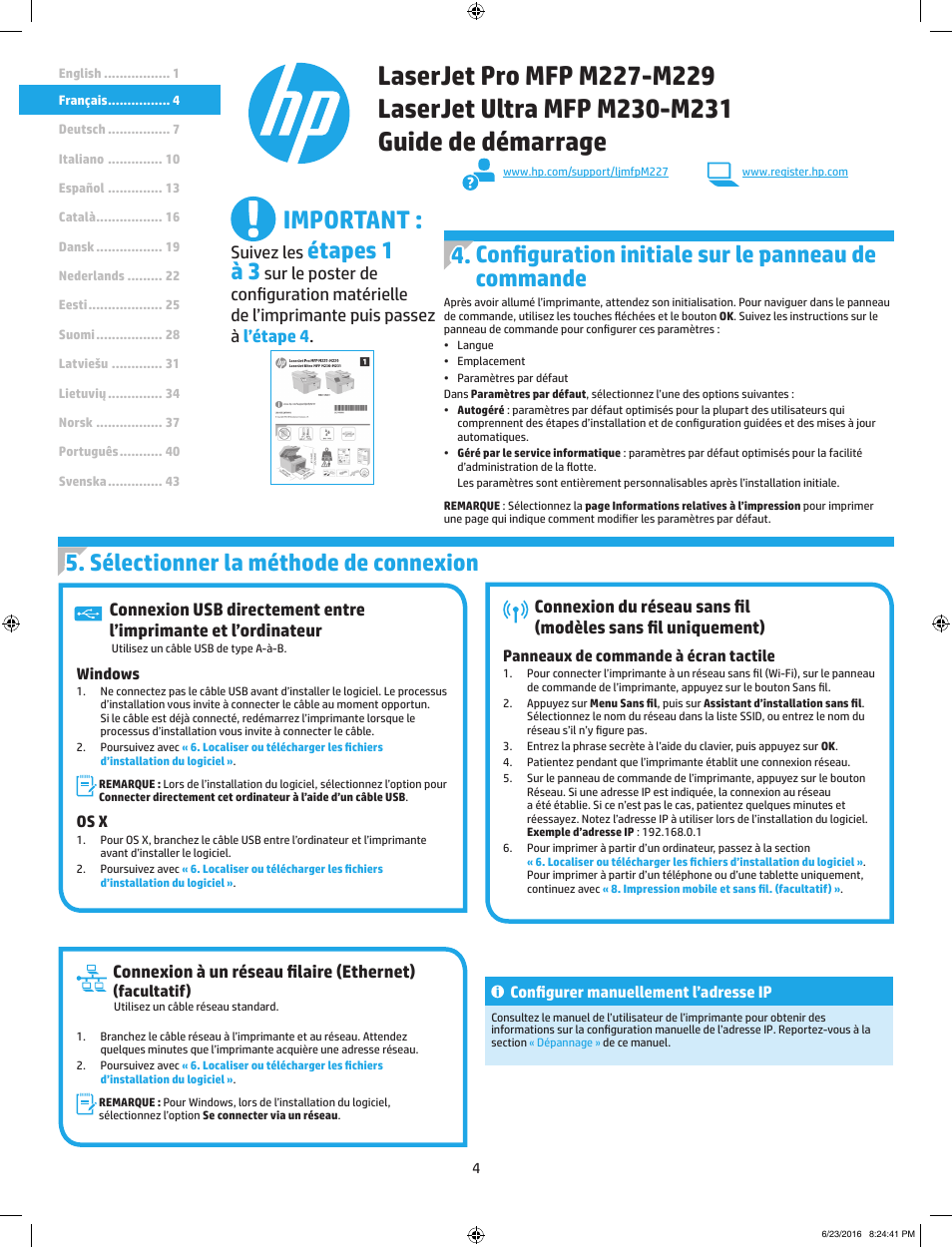 Important, Sélectionner la méthode de connexion, Configuration initiale sur le panneau de commande | Étapes 1 à 3, Connexion à un réseau filaire (ethernet), Suivez les | HP LaserJet Pro MFP M227fdw User Manual | Page 4 / 48