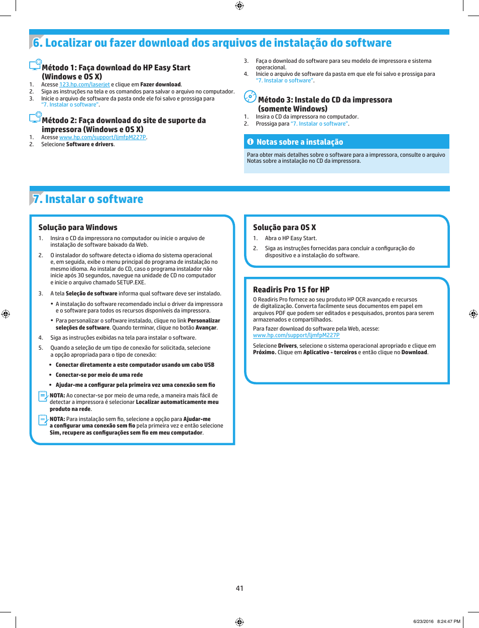 Configuração inicial no painel de controle, Solução para windows, Solução para os x | Readiris pro 15 for hp, Notas sobre a instalação | HP LaserJet Pro MFP M227fdw User Manual | Page 41 / 48