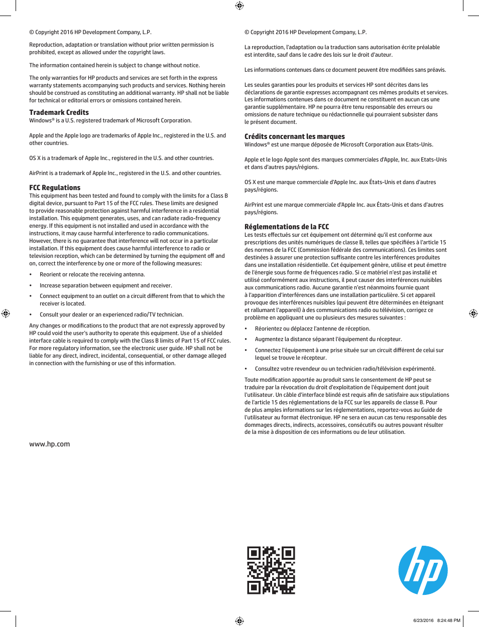 Trademark credits, Fcc regulations, Crédits concernant les marques | Réglementations de la fcc | HP LaserJet Pro MFP M227fdw User Manual | Page 48 / 48